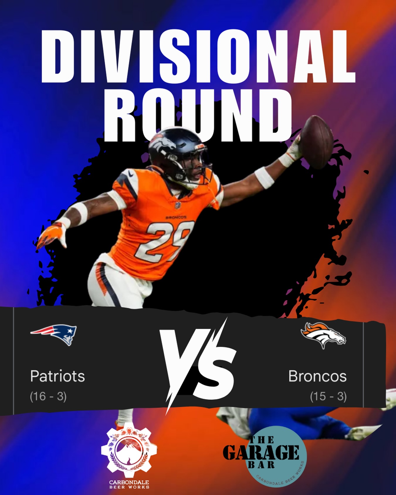 @carbondalebeerworks and @garagebarcbw will be serving up wings, pretzels, and Broncos pride during the deciding game before the Super Bowl! 1:00 for the Broncos game, and 4:30 for the Rams and Seahawks.
#carbondalebeerworks #garagebarcbw