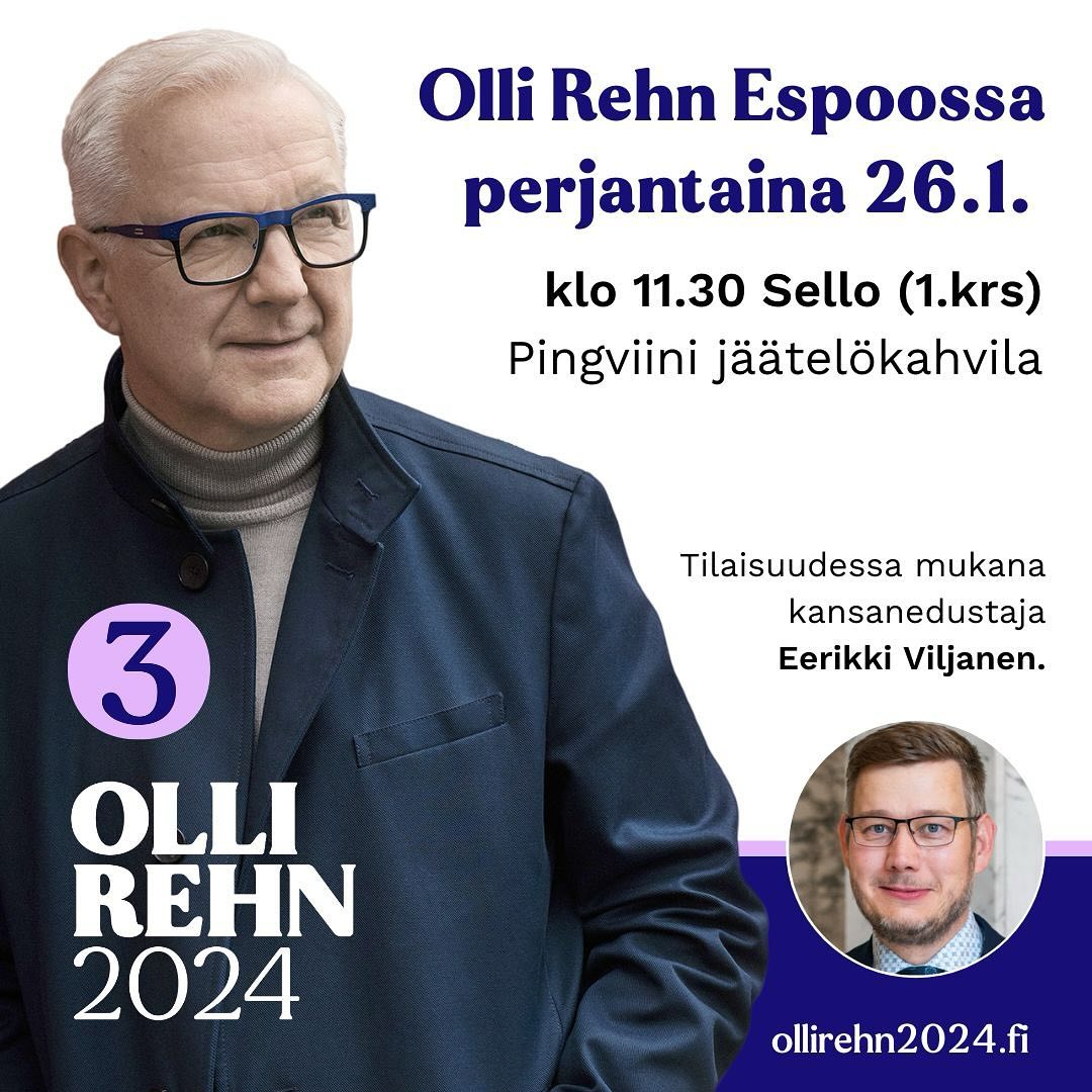 Olli Rehn on tavattavissa henkilökohtaisesti perjantaina 25.1. klo 11:30 alkaen Sellon Pingviini jäätelökahvilassa.
Olli tarjoaa pullakahvit jutustelun yhteydessä.
#ollirehn2024 #presidentinvaalit2024