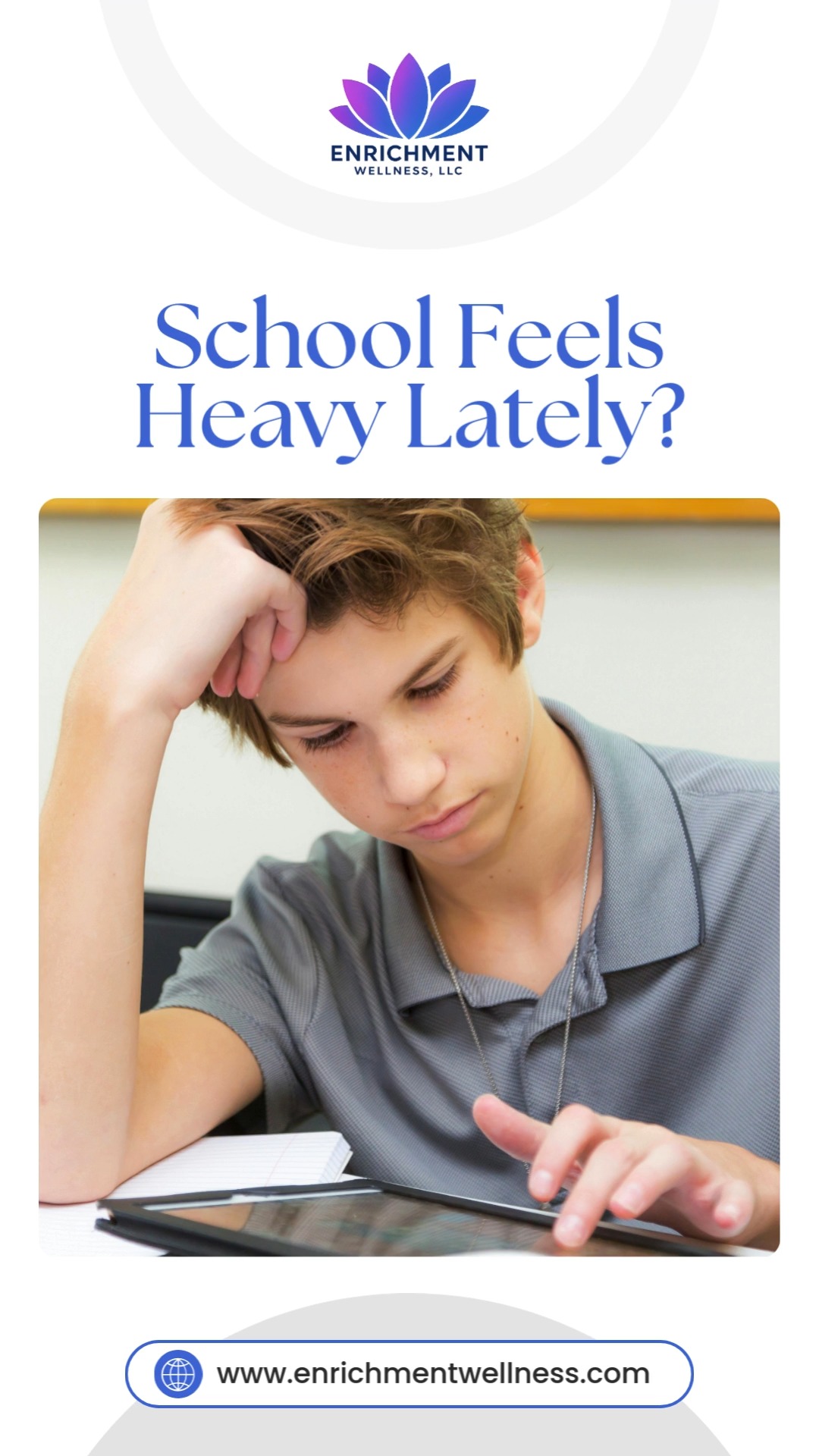 Being a teen isn’t easy. Between school stress, social pressure, and big emotions, it can feel overwhelming.
Teen counseling offers a safe space to talk, feel heard, and learn healthy ways to cope — without fear or judgment.
Real support helps teens grow stronger, inside and out.
www.enrichmentwellness.com | (301) 944-9065
DM “TEENHELP” to learn how we can support your teen.
#teencounseling #teensupport #mentalhealthyouth #TeenWellness #emotionalsupport