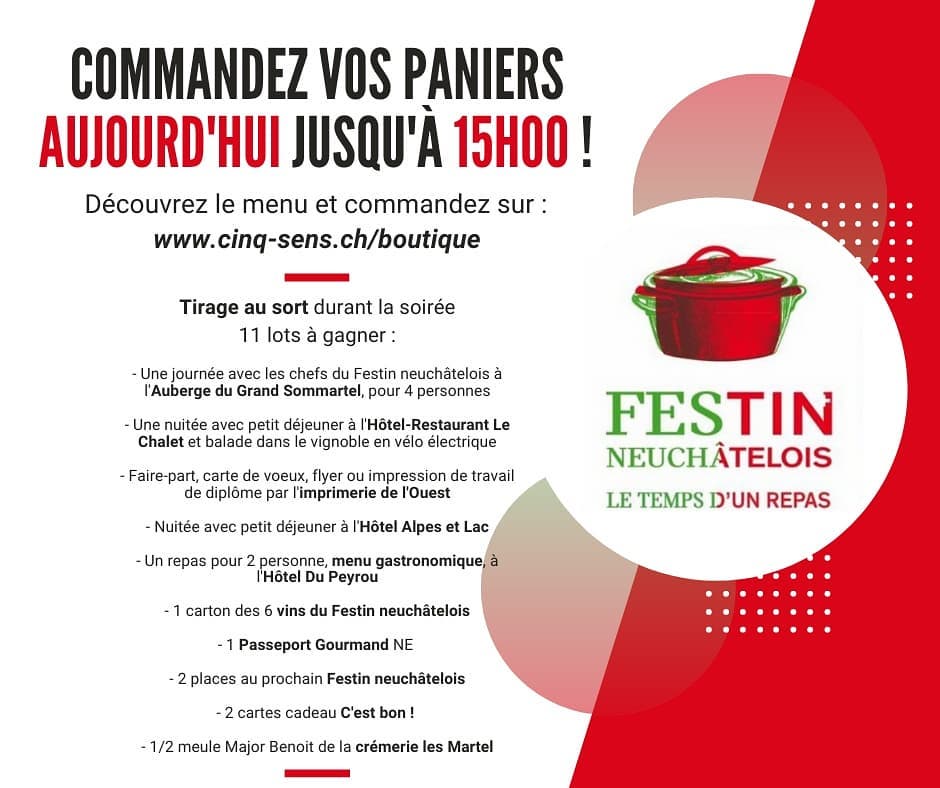C'est le dernier moment pour commander votre panier et ainsi tenter de gagner un des 11 lots lors du tirage au sort !
On se réjouit de vous retrouver 🤩
#festinneuchatelois