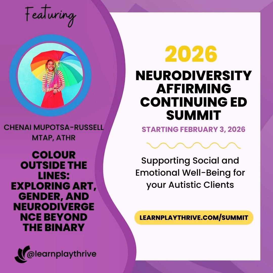 Chenai is thrilled to be part of the 2026 Learn Play Thrive Neurodiversity-Affirming Continuing Education Summit, launching February 3rd! 🙌🏾🌈🥰 @learnplaythrive
Chenai’s session, “Colour Outside the Lines: Exploring Art, Gender, and Neurodivergence Beyond the Binary,” invites you to think differently about identity, creativity, and what it means to truly honour the full complexity of our clients.
This on-demand CE summit features transformative talks from neurodiverse speakers with lived and clinical expertise, including a special focus on supporting non-speakers.
🎨 If you’re ready to move beyond checklists and into relational, affirming, and creative practice—this is for you.
🧠💛 Open to OTs, SLPs, psychologists, counselors, and other allied health professionals. CE credits available via ASHA, AOTA, NASP, and NBCC.
Register now and join us for six weeks of learning, reflection, and practice-shifting insight:
👉 learnplaythrive.com/summit
#NeurodiversityAffirming #LearnPlayThrive #DevelopmentalEducation #GenderAffirmingCare #NeurodivergentVoices