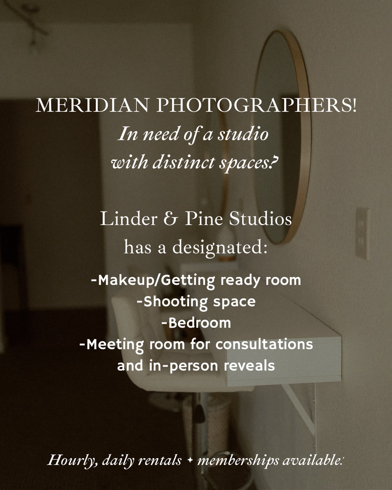 Meridian photographers! Linder & Pine Studios is now available for hourly + daily rentals as well as a monthly membership for those of you in need of a more consistent shooting space! DM us or book online today.