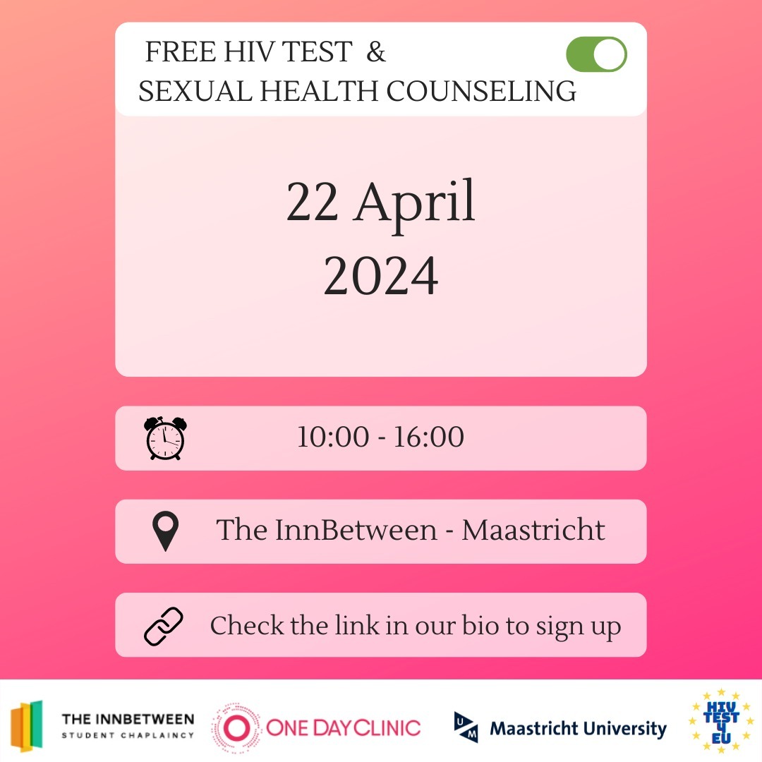 👉HERE WE GO AGAIN: Free sexual health counselling and free HIV testing! All anonymously!
Together with a private STI clinic (the @onedayclinic ) and student organization the @innbetween_maastricht , we are again organizing a day to create awareness about sexual health, including the option to be tested for HIV 🎗️
🗣️ Sexual health is certainly not just about the absence of STIs and HIV and the prevention of sexual violence. An important part is that you are in control of your own sexual health.
• When? 22 April
• Where? InnBetween - Capucijnenstraat 122 Maastricht
• Visit www.bookwhen.com/hivtesteu for more information and to sign up for a timeslot!
#health #awareness #hivtesting #stitesting #comeby