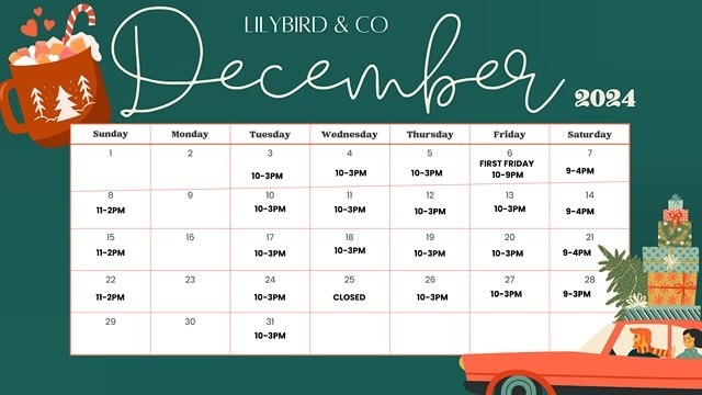We’ve extended our shopping hours for December! If you need a time outside these open times, please let us know so we can accommodate you!