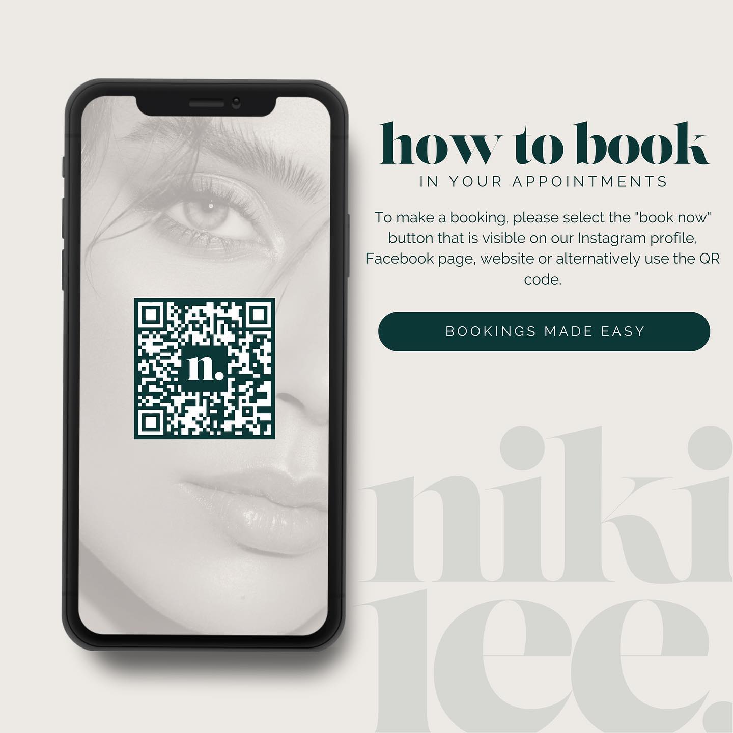 ~ Bookings
To make a booking. please select the "book now" button that is visible on our instagram profile, facebook page, website or alternatively use the QR code.
If you need to make changes to an existing booking, please refer to your confirmation email.
@bynikilee
/nikileeaesthetics
www.nikileeaesthetics.com
Super excited to see your beautiful faces soon 🤍
Niki x
#nikileeaesthetics #perthbookings