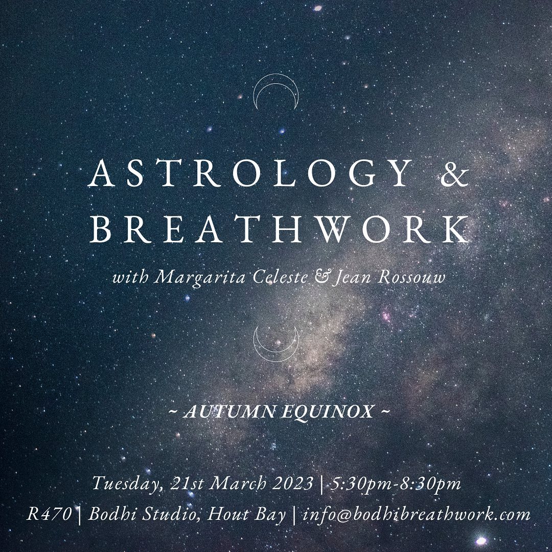 Join Breathwork & Astrology Facilitators, Jean Rossouw and Margarita Celeste for an emmersive experience on the Autumn Equinox and beyond. ✨
Receive Astrological insight & guidance followed by powerful and heart opening Conscious Connected Breathwork to guide you on the journey ahead.
Gonna be very special! ☺️ limited spaces. Link in Bio
Blessings!!🌚
#breathworkhealing #medicineofbreath
#astrologytruth #autumnequinox #wellnesscapetown
@margaritacelesteastrology @bodhi_studio_