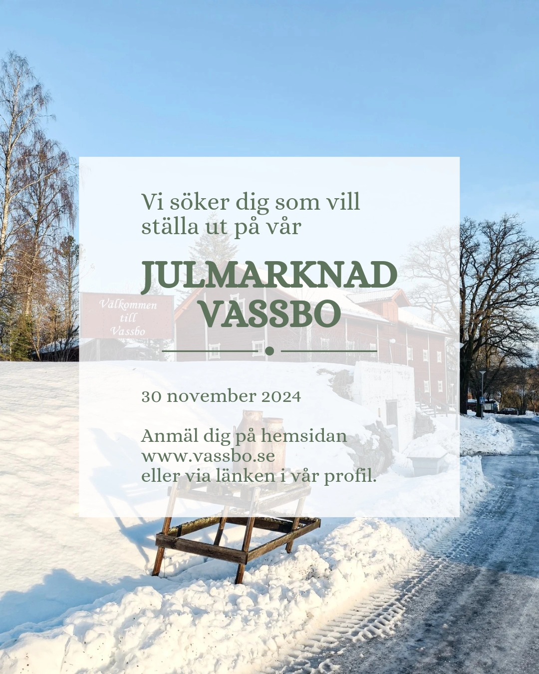 Vi söker Dig, som vill komma hit till oss på Vassbo och sälja dina produkter och ditt hantverk på vår Julmarknad! ☃️
Läs mer om marknaden på vårt evenemang och anmäl dig på vår hemsida (länk i profilen) ✨️🎄
.
.
.
#julmarknad2024 #julmarknaddalarna #vassbojulmarknad #vassbologiochevent #vassbogårdsbutik #vassbo #dalaföretag #hantverkidalarna #stfturist #visitdalarna #magasinetvassbo