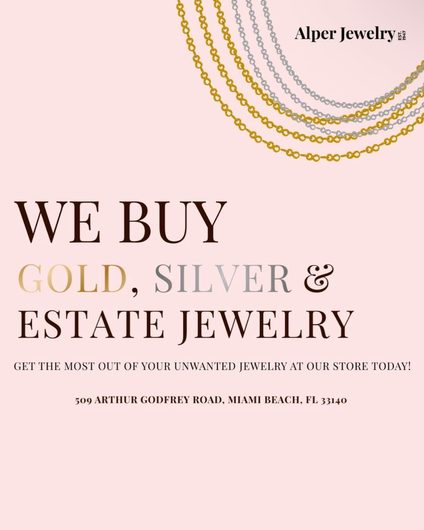 💎✨ Your local gold experts with a location in Miami Beach
💎✨ Your local gold experts
Alper Jewelry buys gold, silver & unwanted jewelry
509 Arthur Godfrey Road
Miami Beach, FL 33140
🏆 Luxury service • 💰 Top payouts • 📍 Local & trusted
#AlperJewelry #SellGold #SellSilver #LocalJeweler #jewelrybuyer