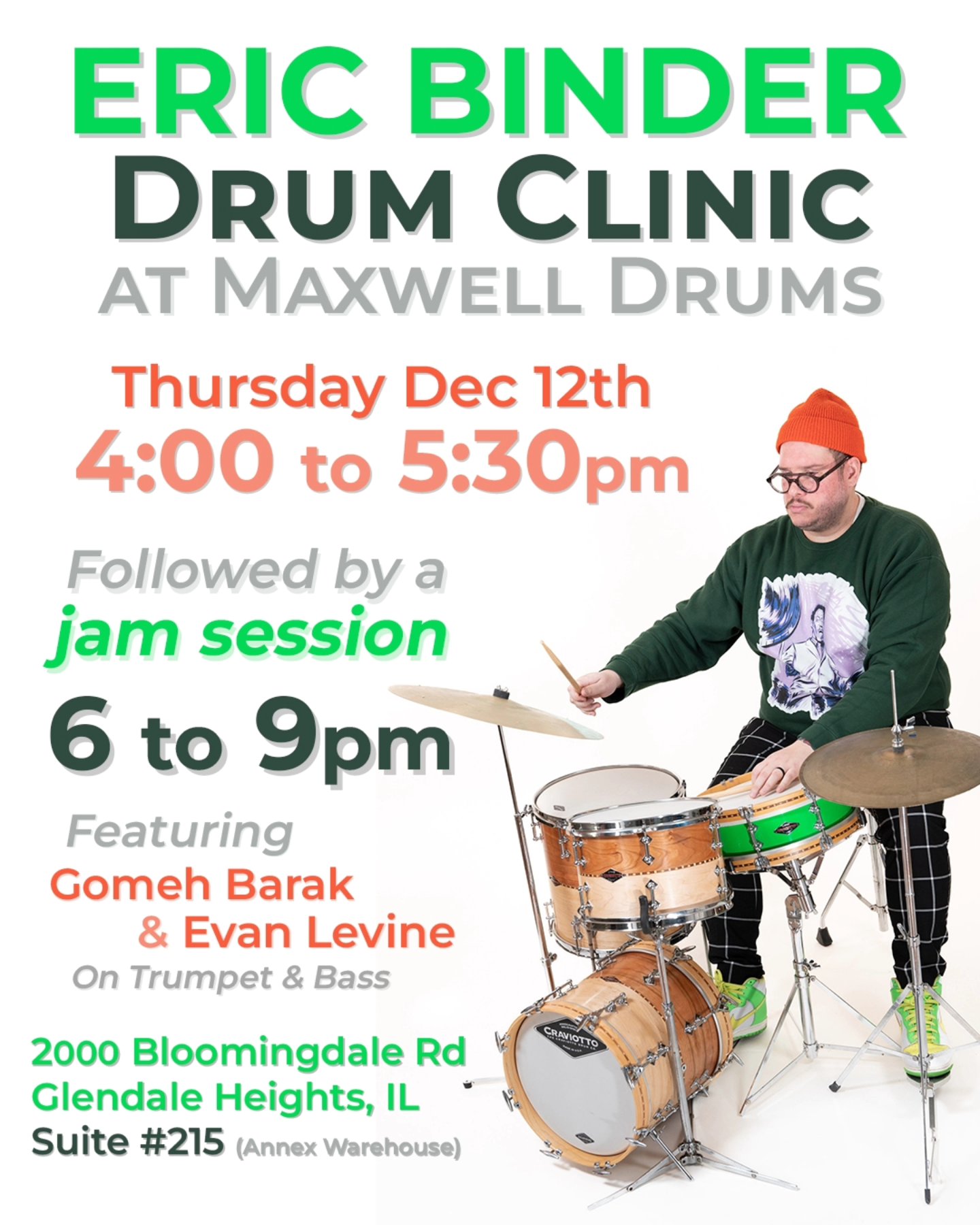 Next Month! We're hosting a Drum Clinic by the great Dr. Eric Binder! A globally recognized drummer, composer, educator, and author of "10 Comping Etudes for Jazz Drum Set" (Volumes 1, 2 and 3)! Check it out from 4 to 5:30pm! It'll be followed by a jam session from 6 to 9pm -- Come hang!
.
.
#jamsession #chicago #jazz #jazzdrums #drums #drummer #drumshop #drumclinic #craviotto
