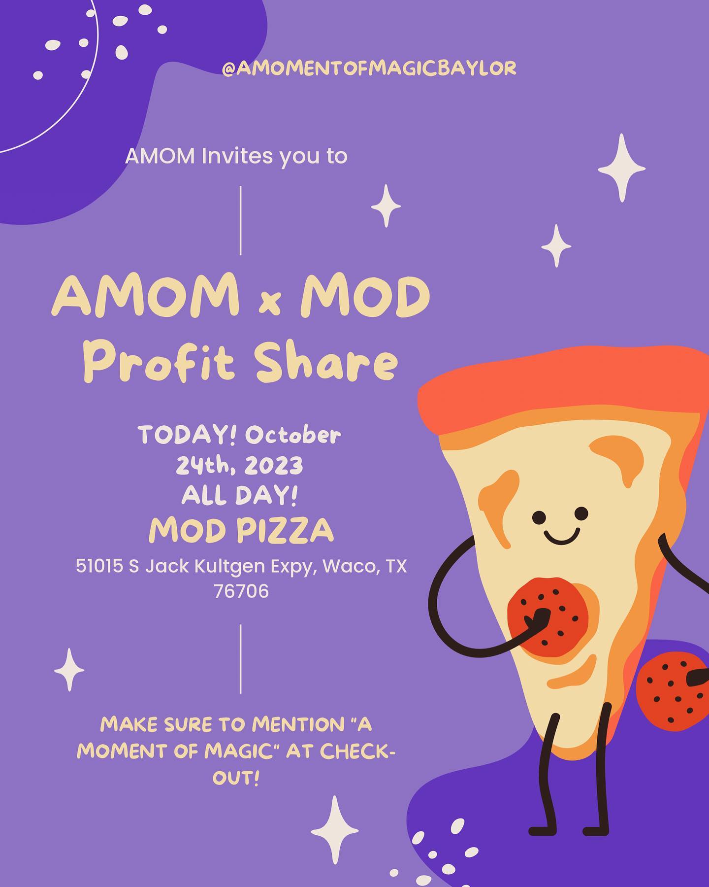 TODAY, YES TODAY! All day MOD profit share!! Mention A Moment of Magic at Checkout!! ✨💜🍕 #amomentofmagic #amomentofmagicbaylor #amom #profitshare #modpizza