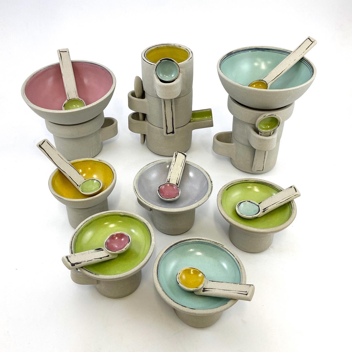 The kiln gods have been more than kind this week and WOW! What a pop of colour! Espresso and egg cup towers heading to @craftfestival - 17-19 June.
Link for tickets in my bio.
#creativeprocess #pottery #modernism #brutalistarchitecture #breakfast #contemporaryart #designermakeruk
#handmade #kitchenstyling #brutalistinspiration #tableware #contemporaryceramics
#handmade #kitchenstyling #brutalceramics #handmadeinwales #famfamily #fireworksclaystudios #popofcolour