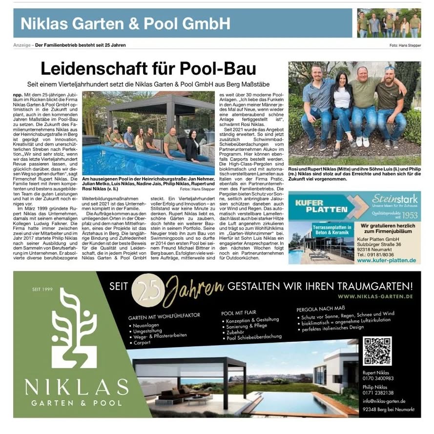 1999 haben wir unser Unternehmen gegründet und wir sind schon glücklich, wenn wir die letzten 25 Jahre Revue passieren lassen.😊
In dieser Woche haben wir mit unserem tollen Team in kleiner Runde gefeiert. 🥳
Wir danken unserem Team, jedem unserer Kunden, und unseren Lieferanten für die vertrauensvolle und äußerst gute Zusammenarbeit. Es macht uns so viel Freude, für euch die schönsten Gartenanlage zu realisieren. 😍😍😍
Wir sind so unsagbar stolz, daß unser Familienunternehmen in der nächsten Generation weiter geführt wird.🥰
Wir freuen uns auf die nächsten Projekte 🫶🏻
@mittelbayerische