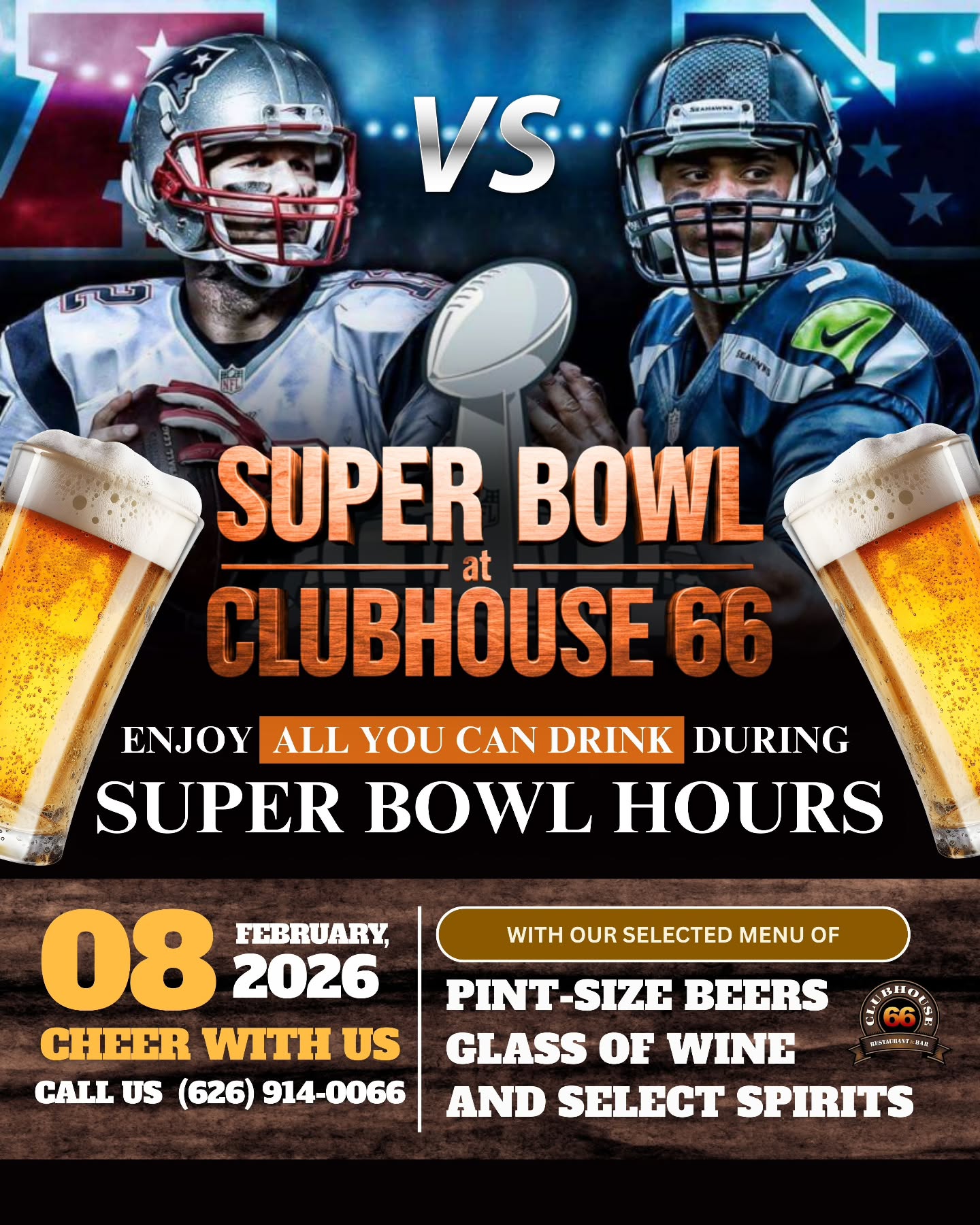 🏈🍻 Game Day Is About to Go Off 🍻🏈
Seahawks vs. Patriots
Every play hits harder with All You Can Drink during Super Bowl hours from our selected menu.
🍺 Pint-size beer
🍷 Glass of wine
🥃 Select spirits
Pricing:
$30 – Beer and wine only
$44 – Beer, wine, and select spirits
Exclusions apply. All offerings are from a selected menu only. Please ask your server for full details.
A food purchase is required with all All You Can Drink packages.
Whistles, touchdowns, cold drinks, and nonstop energy. This is how Super Bowl Sunday is done. 🏆🔥
#Clubhouse66 #GlendoraEats #SuperBowlSunday #SeahawksVsPatriots #GameDayVibes