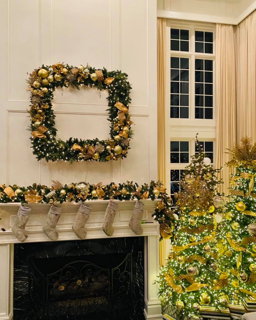 When you need a custom size wreath for a client you build a custom wreath and a custom shape. #blissevents #christmasdecor #client #holiday2020 #custom #wreath #gold