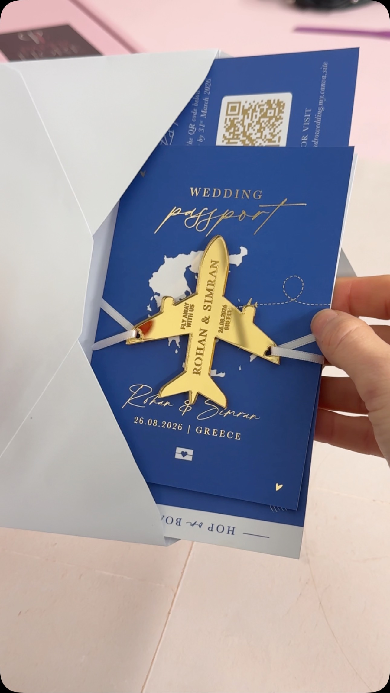 Royal blue & gold passport invitations ✨
Metallic gold foil, gold mirror acrylic plane fridge magnet keepsakes, finished with a white satin ribbon for a dreamy destination wedding in Greece 🇬🇷💙
View online pricing brochure for more information (link in bio) 💍
WORLDWIDE SHIPPING 🌍
#destinationwedding #bridesofinsta #passportinvitation #weddingpassport #destinationbride Greece wedding | passport invites | acrylic keepsake invitations