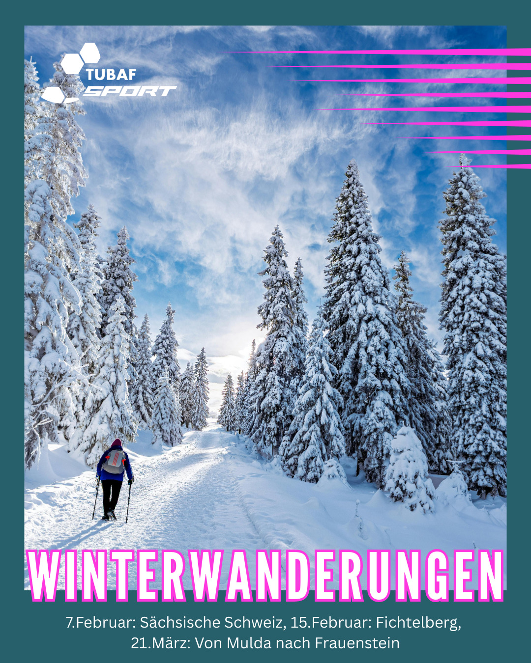 Im aktuellen Semester stehen noch 3 Winterwanderungen aus an denen ihr teilnehmen könnt ❄️🥾:
🕖Samstag, 7. Februar, 9:50–18:00 Uhr
Sächsische Schweiz
🕖Sonntag, 15. Februar, 07:15-18:00 Uhr
Fichtelberg & Skifasching in Oberwiesenthal
🕖Samstag, 21. März, 9:30–17 Uhr
Von Mulda nach Frauenstein
Es fallen 4 Euro pro Wanderung plus eventuelle Kosten für die Bahnfahrten an🚅💰.
Alle Infos und die Option zu Anmeldung findet ihr wie immer auf unserer Website🫵🏽.
Link in Bio🔗