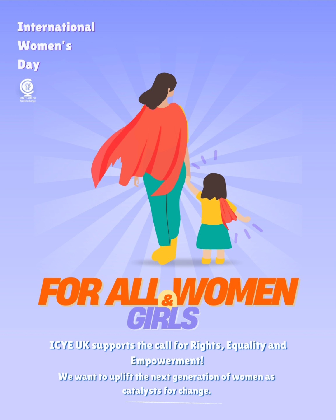 Here at ICYE UK, we like to celebrate people, so of course we want to wish you all a happy International Women's Day 2025!
With this year's theme "For ALL Women and Girls: Rights. Equality. Empowerment." we want to acknowledge the steps that those before us have walked, and the steps that we as a society will now have to take to keep moving forward.
Feminism and empowerment is not just for the western world, it is a fight for ALL women and girls ALL around the world. Let us share our words, our energy and our successes together and keep moving.
For those who came before, and especially for those who will come after; let us create a kinder world with more hope and understanding for everyone.
#ForAllWomenAndGirls #InternationalWomensDay #IWD2025 #TakeAction #MoveForward #UpliftOthers