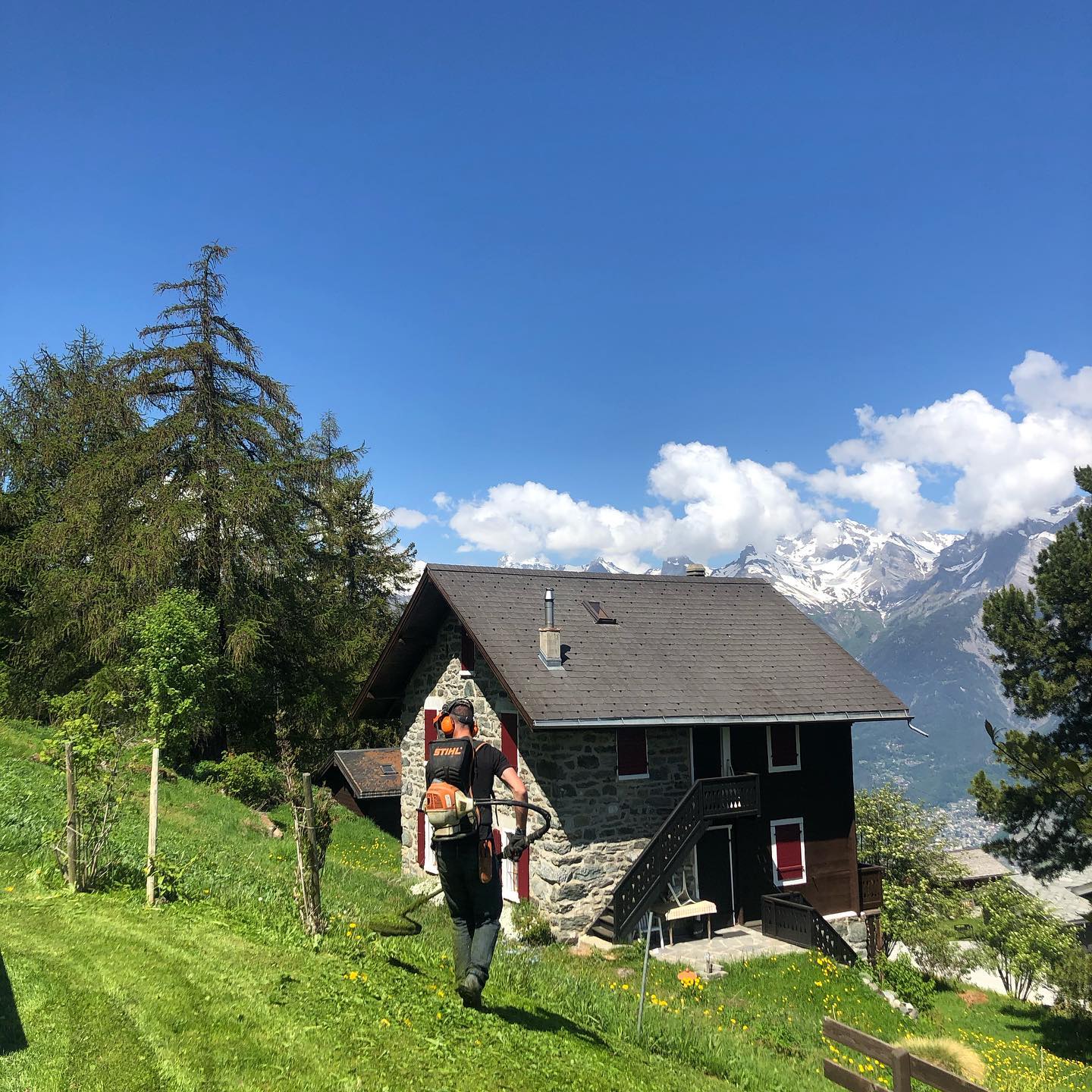 The team are enjoying the good weather this week. #gardening #stihl #mountains #landscape #landscapinglife #view #gardendesign #gardenlife #nendaz #nendazswitzerland
