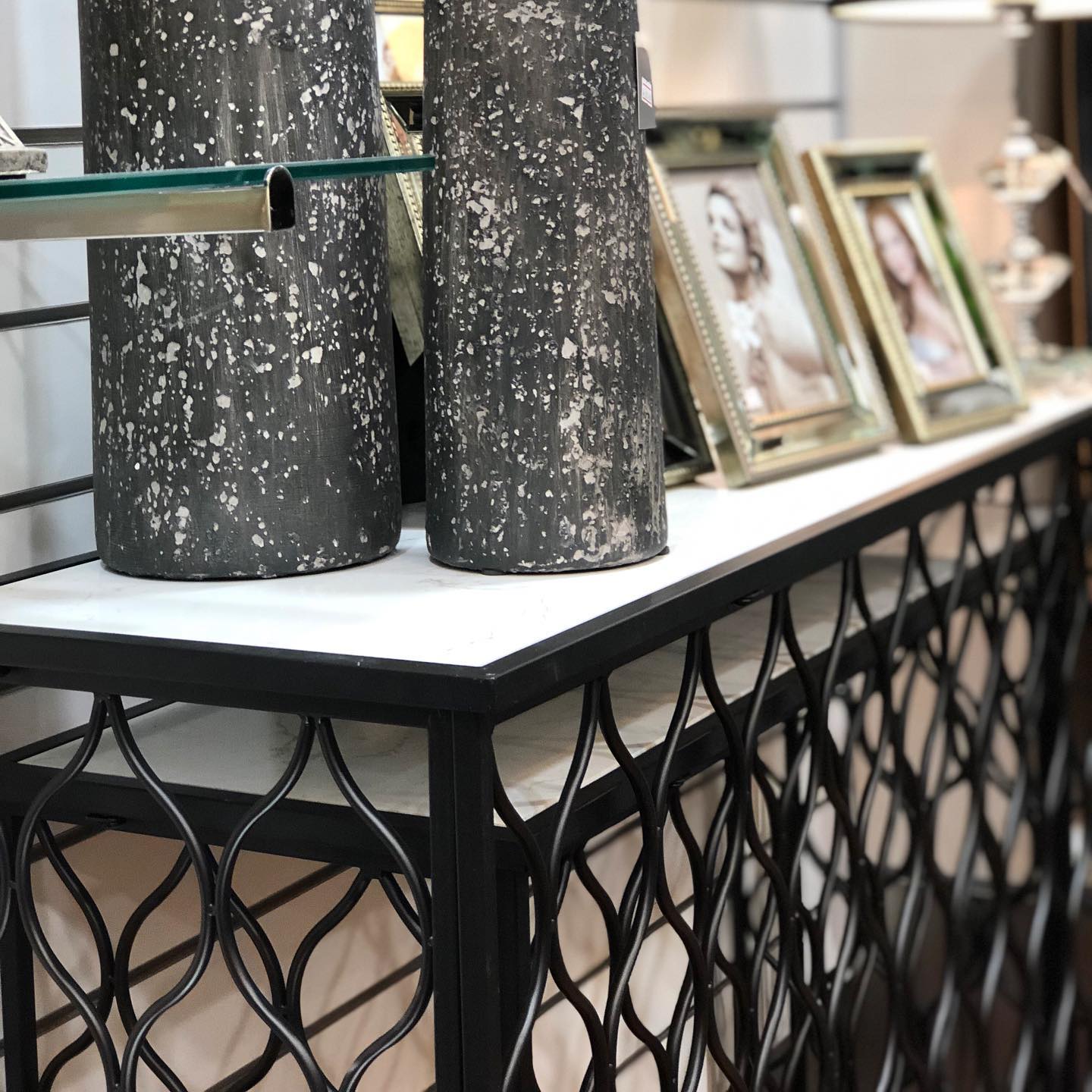 Newest arrivals now available. Matte Black Metal, Marble Top Hallway Tables @libertyhomeandgiftware #homedecor #hallwaydecor #interiordesign