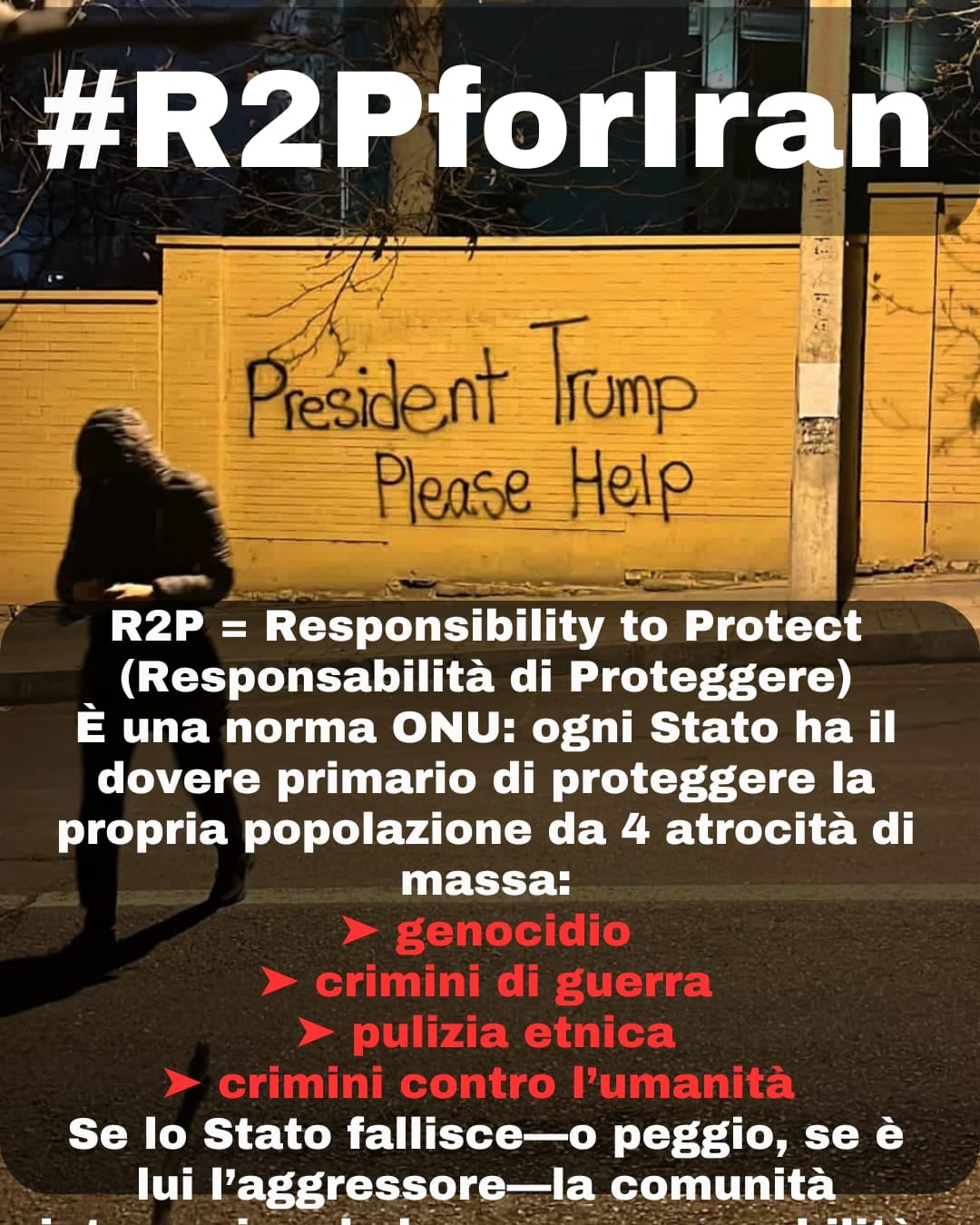 Quando un regime dichiara guerra al proprio popolo,
la “non-ingerenza” non è neutralità: è complicità.
#R2PforIran
La Responsabilità di Proteggere significa agire, non restare in silenzio.
Proteggete il popolo iraniano. Ora.
#freeiran #rivoluzioneiran2026