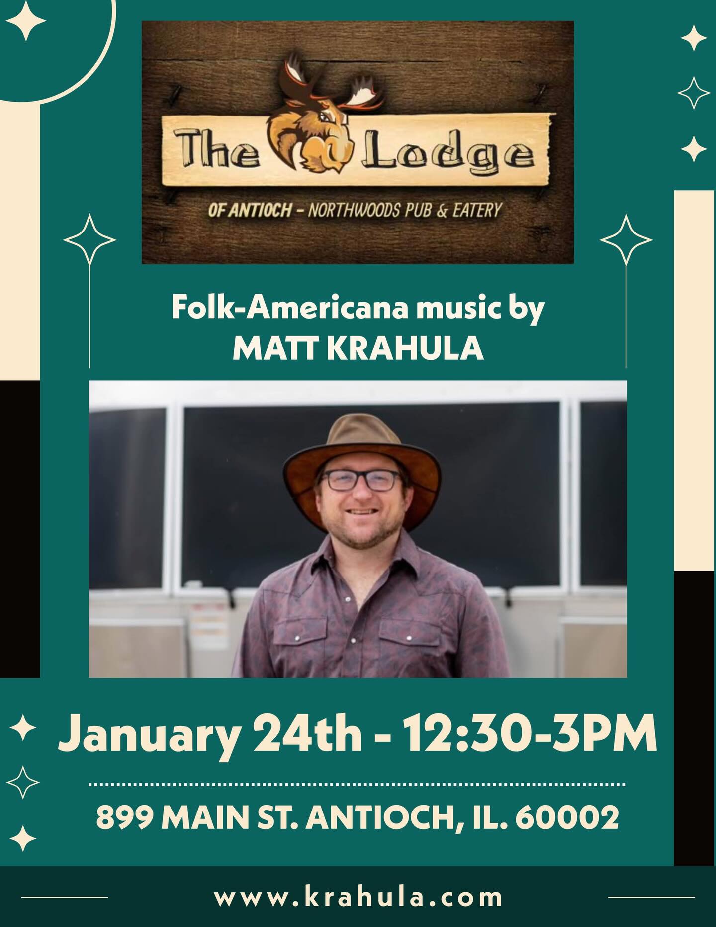 This Saturday, 1/24 I’ll be returning to The Lodge of Antioch. One of my favorite places to perform. They’ve got a killer brunch and a great vibe. I’ll be set up under the giant moose head. Come by from 12:30pm-3pm to hear some tunes!
#livemusic #antioch #midwestmusic #altfolkmusic #americana