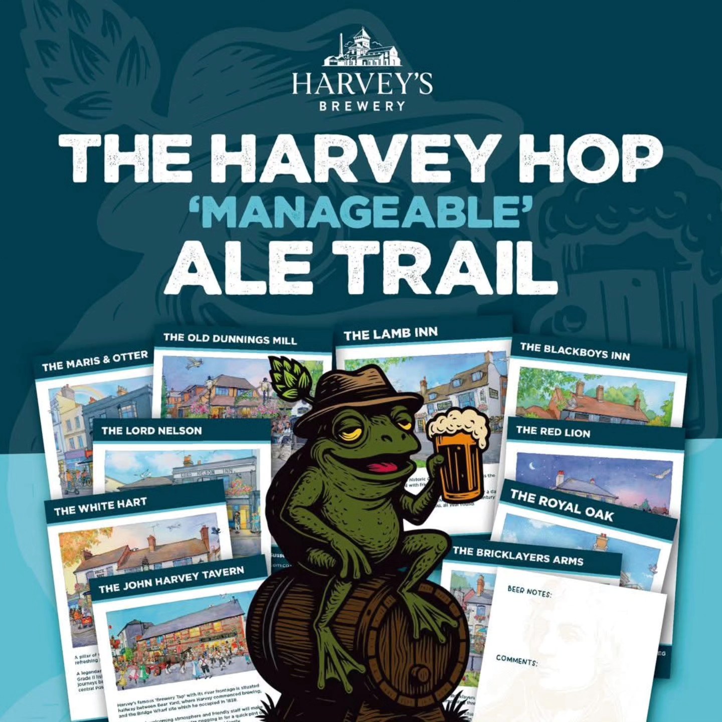 We’re proud to launch The Harvey Hop: ‘Manageable’ Ale Trail – a year-long celebration of our ten managed Harvey’s pubs across the South East and London. 🍺
Between 1st August 2025 and 31st August 2026, visit all 10 managed Harvey’s pubs, enjoy a pint of Harvey's Beer at each, and collect stamps in your official Harvey Hop Passport.
Complete the trail, and you’ll earn an exclusive Harvey Hopper prize – only available to those who finish the journey!
🐸 Find out more, see the list of pubs taking part, and sign up here: https://www.harveys.org.uk/event/harvey-hop