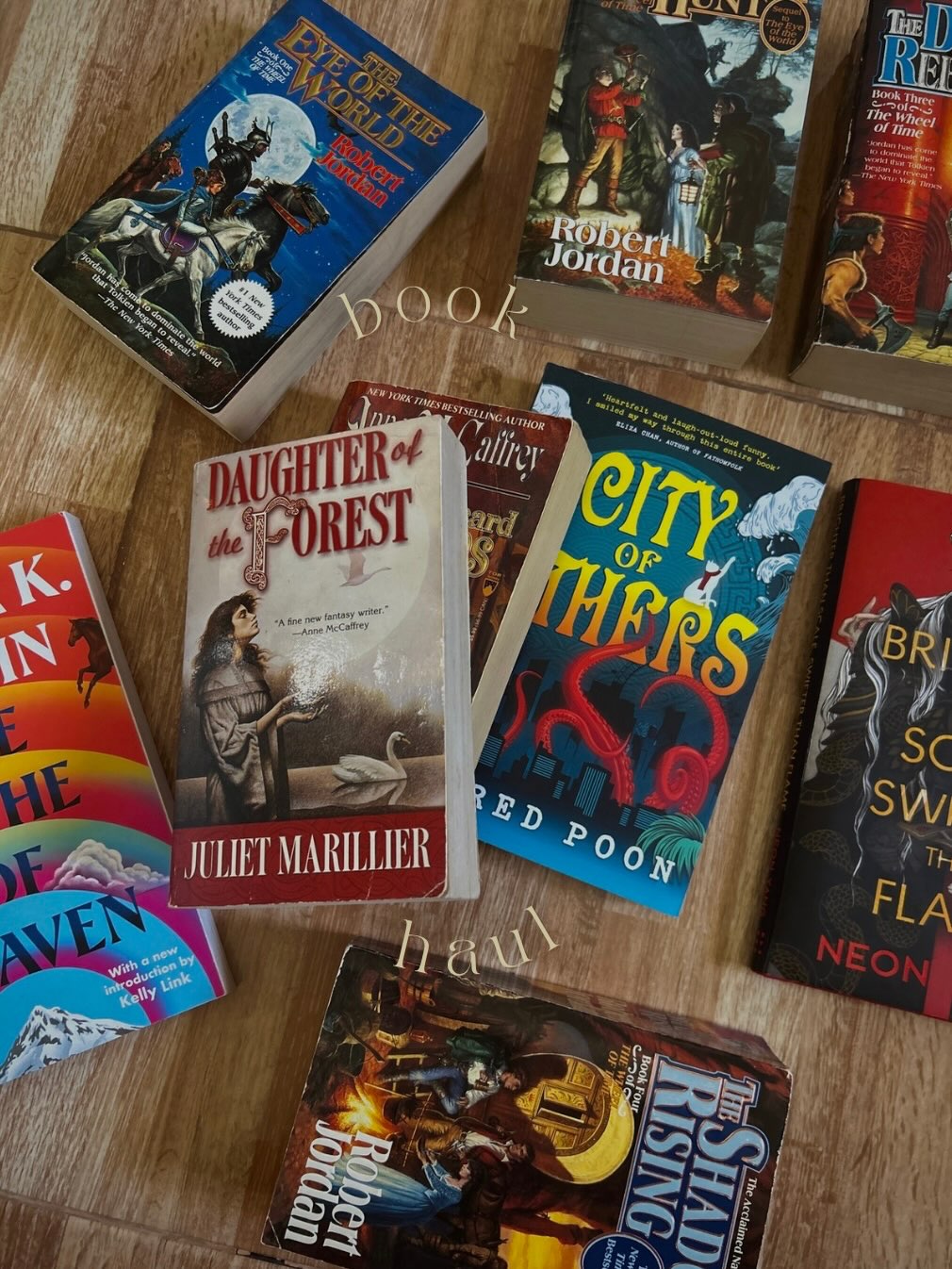 thrifts and gifts — starting 2026 fresh with a book haul from when i was away
some newly acquired old fantasy books:
1. wheel of time books
- old fantasy covers, especially the og WOTs, hold a different level of whimsy and i felt like a kid finding these in the secondhand bookstore. i feel bad for the lady checking out my books, might have looked a little too excited
2. daughter of the forest
- been craving more fantasy about family, specifically siblings and in this one, the main character has 6 brothers (gifted by a friend 🫶) — i’m extremely excited for all of these but especially this one!!!
3. girl who heard dragons
- a dragon SFF classic, can’t wait to start McCaffrey’s works!! i know she’s well loved and i am very curious, this one in particular sounds amazing
4. the lathe of heaven
- forgot to add a pic in the slides but this one isn’t thrifted, i found it in an indie bookshop in toronto. another le guin i want to read, no other explanation needed
finished copies gifted by the publishers:
5. city of others sent by @orbitbooks_uk @littlebrownbookgroup_uk
- modern paranormal urban fantasy where the government takes care of everything… sounds like it’s going to be political, humorous, and reflective. just my style.
6. bright than scale, swifter by flame sent by @tordotcompub
- a short sapphic lady knight story! i already read and liked this one, i wish more happened but i think it’s worth trying out if you’re craving sapphic lady knights with a dash of dragons
✨