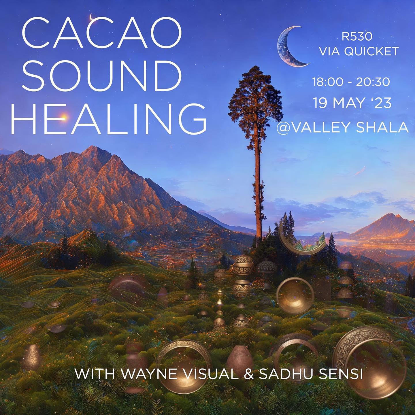 Join us for new moon on the slopes of Table Mountain at the mystical Valley Shala.
The journey will begin with a cacao ceremony honouring the 7 sacred directions, using small batch hand-made Cacao from Peru.
We'll flow into breath work and a deep sound immersion with the healing frequencies of singing bowls, native flutes, drums, handpans, didgeridoo & more...
Sadhu Sensi and Wayne Visual will be your space holders for this Multi Sensory New Moon Experience @ Valley Shala