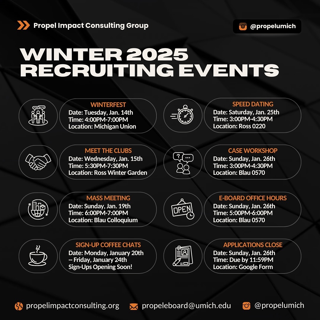 Propel W25 Recruiting Schedule!
Here is the timeline of our winter semester recruiting cycle. We can’t wait to meet and get to know everyone at each of our events this recruiting season! 🧡✨
The W25 Interest Form and Recruitment GCal are linked in our bio and available on the Propel website @ propelimpactconsulting.org
