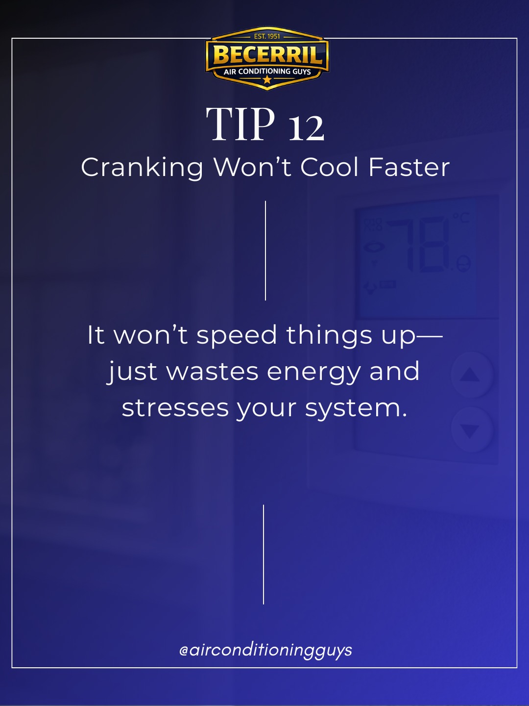 ❄️➡️🚫 Cranking won’t cool faster! It won’t speed things up—just wastes energy and stresses your system. ✅ Save this.
#ElCentro #ImperialValley #EnergySavings #CoolingTips #HVAC