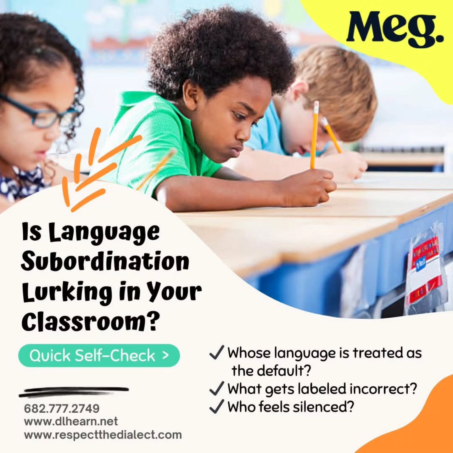 Is Language Subordination Lurking in Your Classroom? —
Quick Self‑Check
1. Do I celebrate the language(s) students bring with them?
✔️ Do I ask about their linguistic backgrounds and value them as assets?
2. Do my expectations insist only on the “standard” or dominant dialect/language?
✔️ Do I penalize or correct diverse linguistic codes without exploring their legitimacy first?
3. Are my teaching materials linguistically diverse?
✔️ Do texts and examples include multiple languages, dialects, or voices?
4. Do I allow space for translanguaging or use of students’ authentic voices?
✔️ Or do I push monolingual norms even when it silences students?
5. Do I consciously avoid tone‑policing or “correcting” students’ heritage codes?
✔️ Am I curious about what they’re saying before judging how they say it?
6. Do I support continued use and development of students’ home languages?
✔️ Or is the goal only to make them conform to the instructional language?
Language isn't neutral. How we treat it shapes students' identities and educational experiences. Being mindful of language practices helps make classrooms more equitable and empowering for all learners.
Read the blog post:
https://meglanguages.com/is-language-subordination-lurking-in-your-classroom/
#respecthedialect #equityineducation #learning #language #heritagelanguage AAE BlackEnglish dialectisnotdisorder Meglanguages