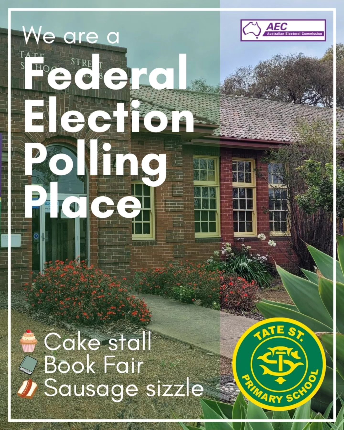 Tate Street Primary School is a Federal Election polling place tomorrow. Head down to place your vote and enjoy a democracy sausage, with our sausage sizzle kindly hosted by the Rotary Club of East Geelong, whilst our Parents & Friends host a book fair and a cake stall. All funds go straight to the school.