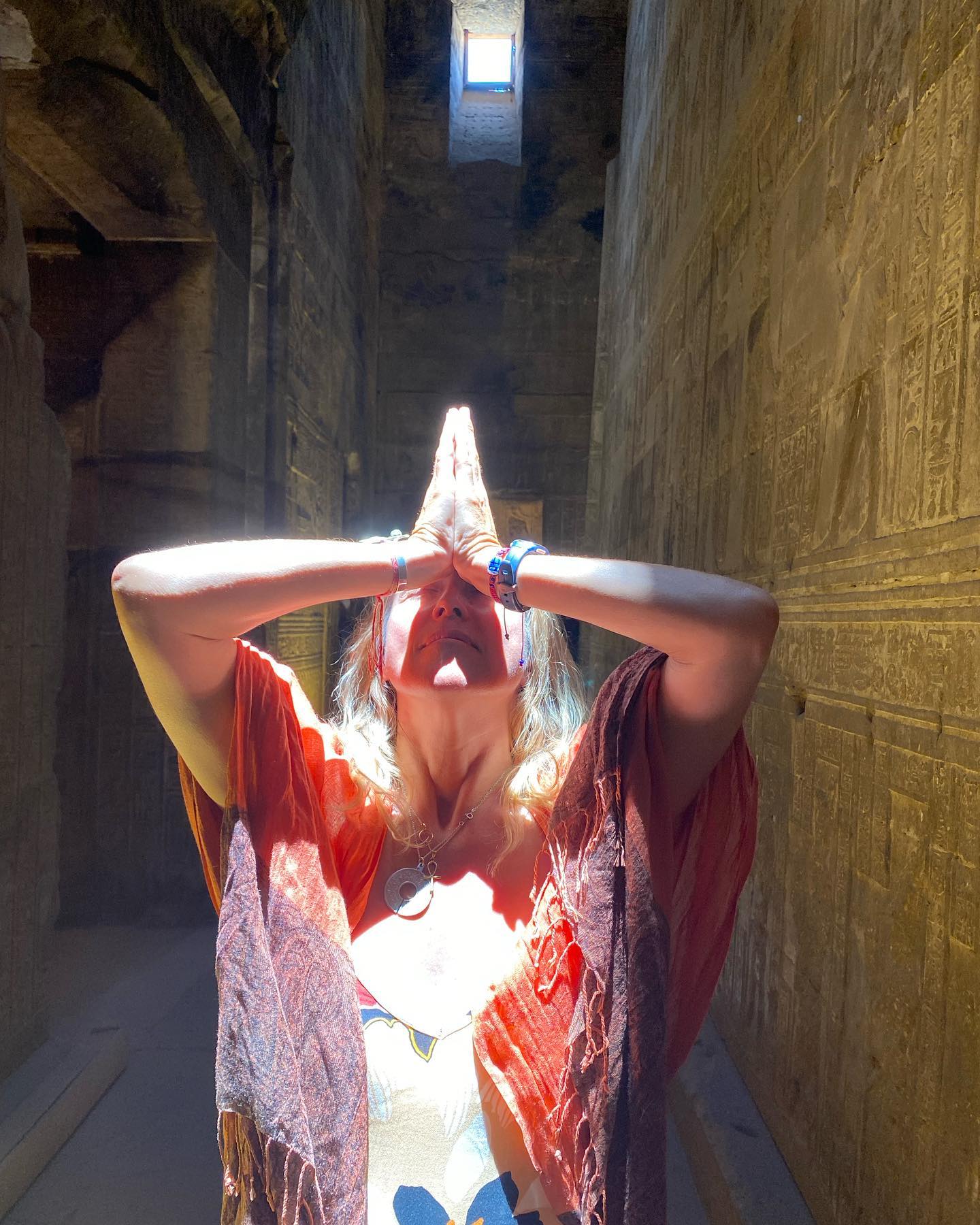 Going deep. Connecting with the Pleiades here in our temple today with these 7 squares of light, cut with precision into the ceiling. Celebrating the Goddess Hathor. Hat meaning house and hor meaning the falcon. She is the goddess of the invisible sky. The cosmos. So much learned here during my sacred visit to Egypt, shared on retreat with my Kundalini sisters.