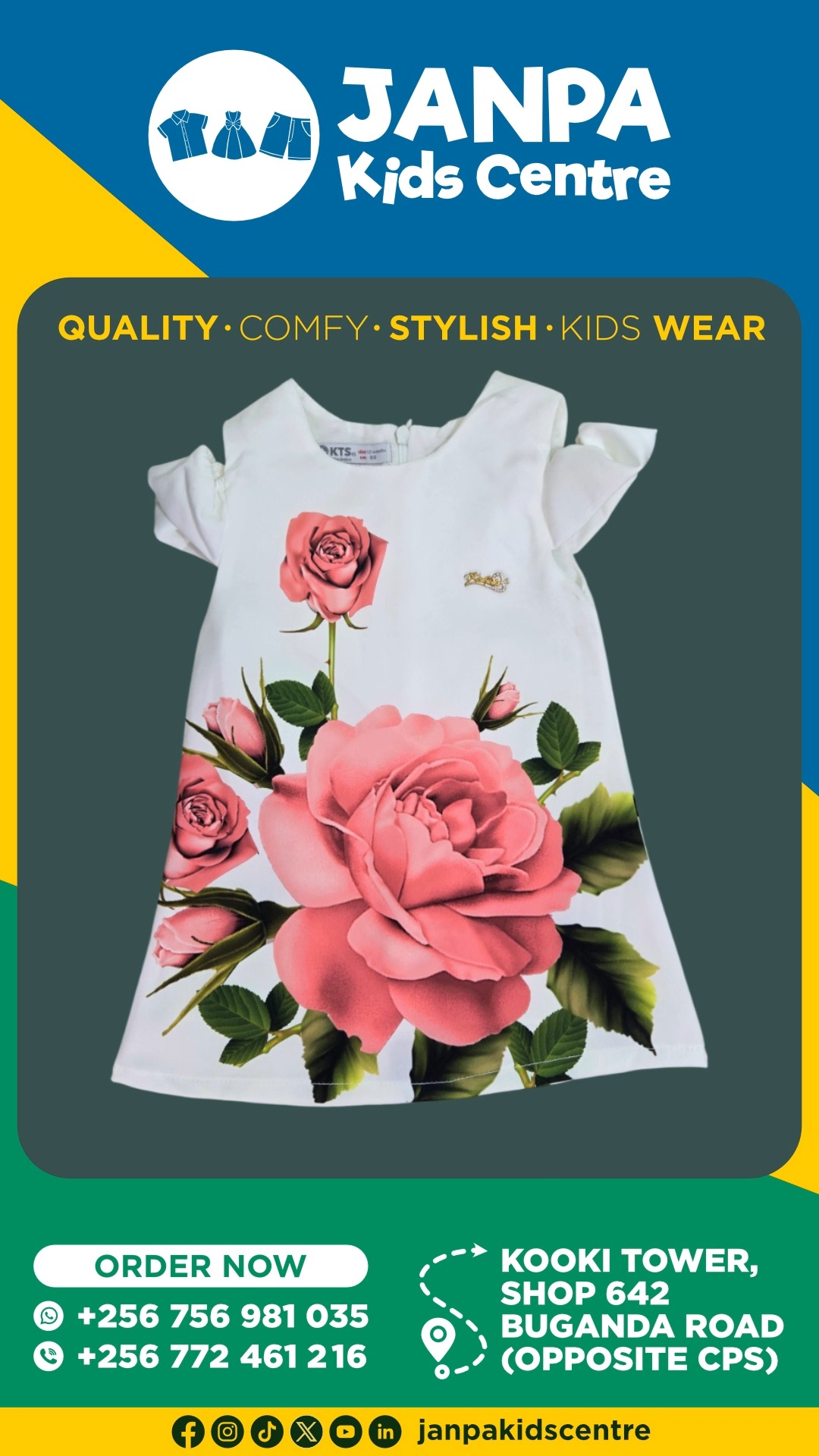 Get the perfect look for your little girl—beautiful dresses and trendy 2-piece sets only at JANPA Kids Centre,
Kooki Tower, Shop 642, Buganda Road, Kampala
For orders, prices or delivery, Call or WhatsApp us on +256 756 981 035