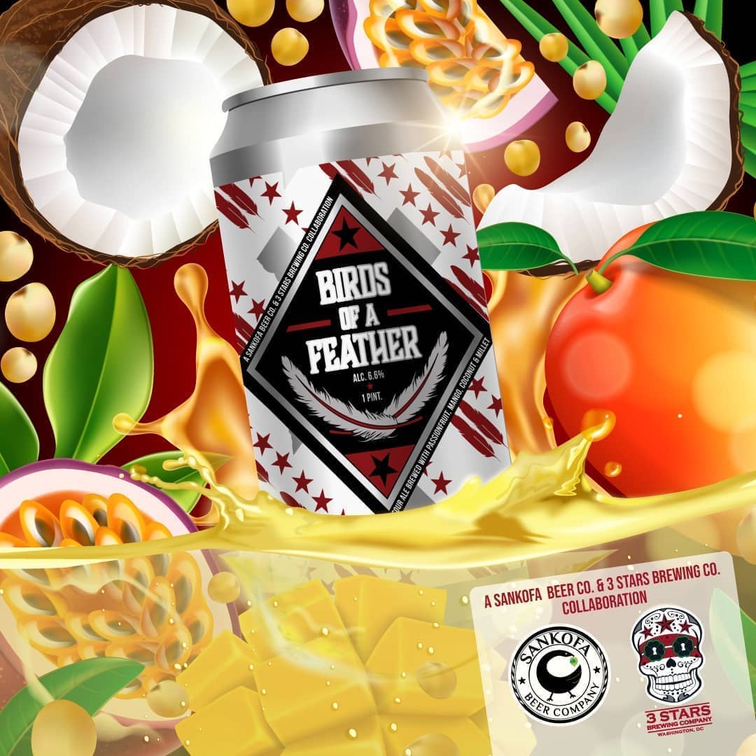 Join us this Saturday at @3starsbrewing Holiday Party, we are releasing our last collab of the year "Birds of a Feather" This fruited sour was brewed with millet from Grouse Malt House, hit with loads of mango & passion fruit before being conditioned on in house toasted coconut. Big notes of passion fruit on the nose, with sweet & mellow coconut balancing a pleasantly puckering tartness. It's terrific! It Will be available in 16oz & draft. Abv 6.6%. #SankofaBeer #3StarsBrewing #CollaborationBeer. #CultureMeetsCraft #MadeInDC #DCBeer #FruitedSour