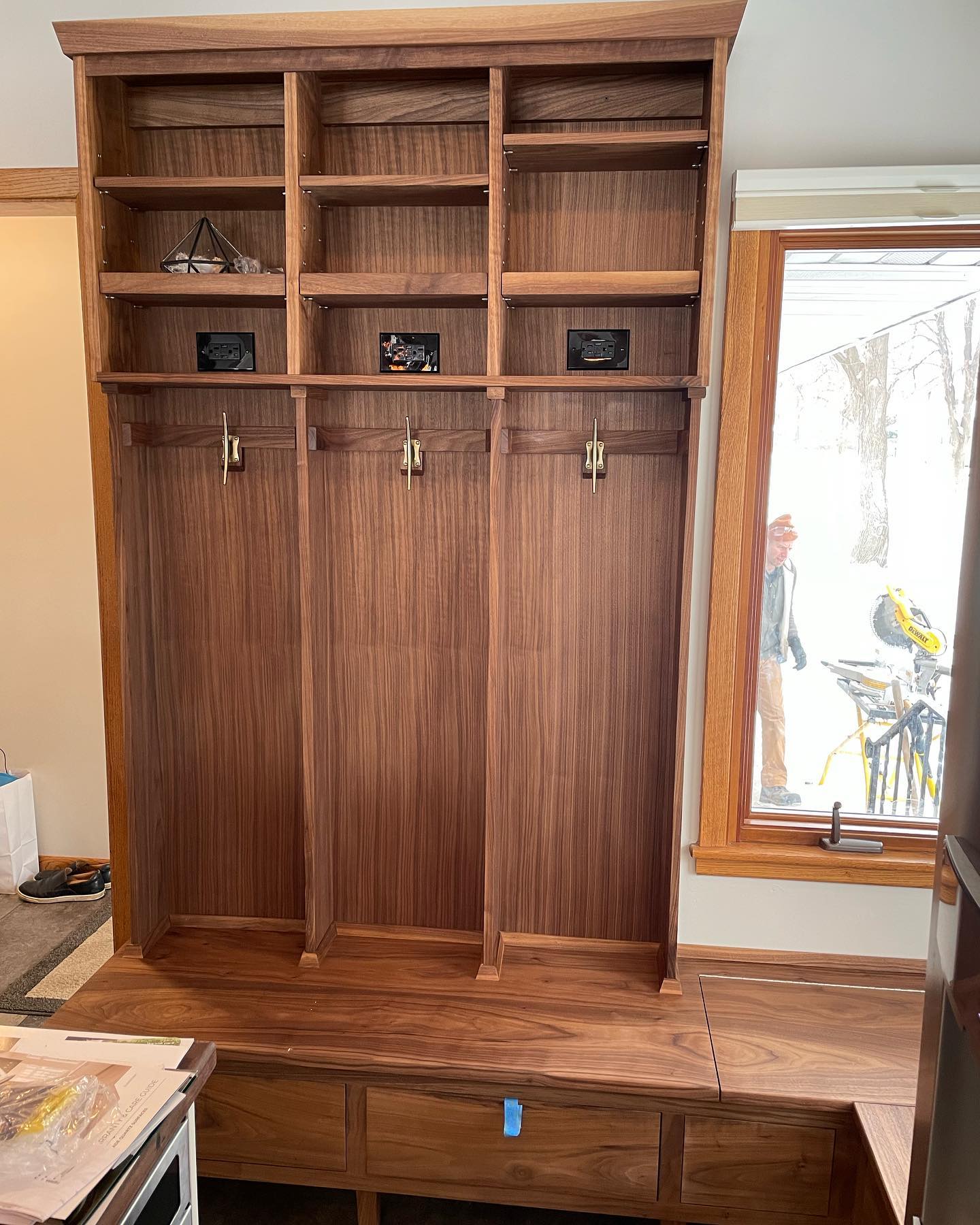 Walnut bench and cubbies