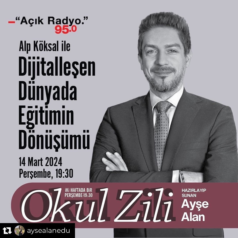 Bu akşam sevgili Ayşe Alan hocamla Açık Radyo’da dijitalleşen dünyada eğitimin geçirmekte olduğu dönüşümü ve okulların geleceğini konuşacağız.
#eğitim #dijitaldönüşüm #eğitimdedijitaldönüşüm #eğitimdedeğişim #dönüşüm #okul #öğrenci #öğretmen #eğitimbilimleri #eğitimteknolojileri #edtech #gelecek #khanacademy #khanacademytürkçe #herşeyiöğrenebilirsin
Repost from @aysealanedu
•
Bu akşam Okul Zili’nde Khan Akademi Türkiye direktörü Alp Köksal ile “Dijitalleşen Dünyada Eğitimin Dönüşümü’nü konuşuyoruz . Khan Akademi yıllardır dünya çapında ücretsiz online öğrenme fırsatı sunan bir STK. Alp Köksal bize hem bu deneyimi hem de teknolojinin eğitim sistemine etkisini aktaracak .
Bekleriz 💙
@khanacademyturkce
@alpkoksaledu
@acikradyo