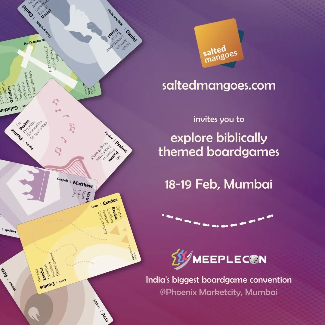 Come visit us at meeplecon and explore Biblically themed boardgames - at the largest boardgame convention in India.
Feb 18-19, Phoenix Market City, Mumbai
Link in bio.
#christianboardgames #indianboardgames #meeplecon #saltedmangoes