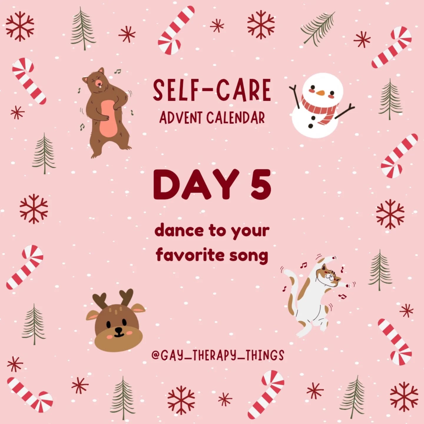 #adventselfcare day 5! Dance like nobody's watching!! It may help to close your blinds so you can really let yourself loose
#therapistsofinstagram #adventcalendar #selfcare