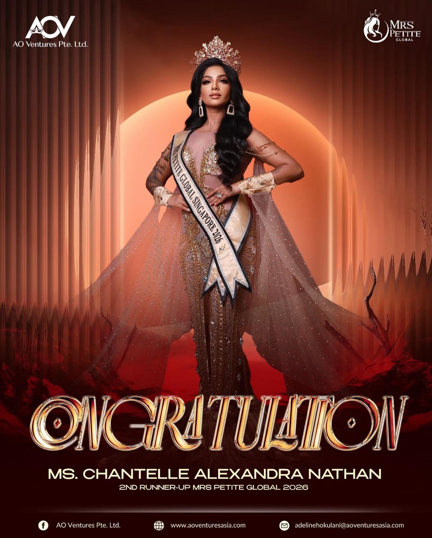 Congratulations to our @mrspetiteglobalsg @chantelleenathan for clinching 2nd runner up for Mrs Petite global 2026!.
We are so proud of you !
#queenofaov #pageantry #singapore #pageantry #pageantqueen