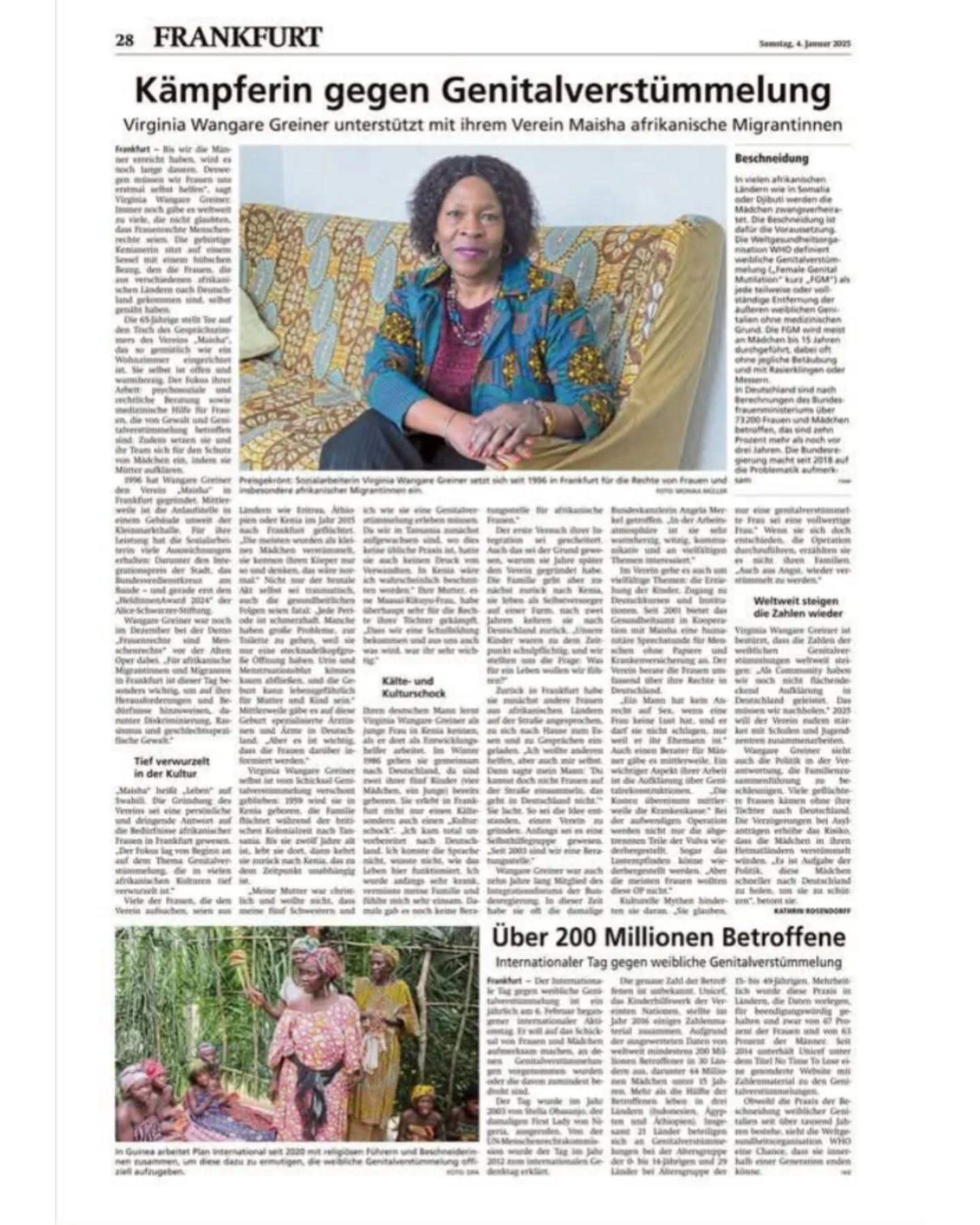 Wir sind so stolz auf unsere Gründerin, Virginia Wangare Greiner! Seit 1996 setzt sie sich unermüdlich für Frauenrechte und die Unterstützung afrikanischer Migrant*innen in Deutschland ein. Schaut euch diesen Zeitungsartikel an, der ihre Arbeit würdigt. Gemeinsam erheben wir unsere Stimmen gegen weibliche Genitalverstümmelung und stärken Frauen weltweit!
Möchtet ihr helfen? Besucht maisha.org, um zu spenden und zu erfahren, wie ihr unsere Mission unterstützen könnt. Jeder Beitrag zählt!
---
We’re so proud of our founder, Virginia Wangare Greiner! Since 1996, she’s been championing women’s rights and supporting African migrant communities in Germany. Check out this newspaper feature celebrating her work. Together, let’s raise our voices against female genital mutilation and empower women everywhere!
Want to help? Head to maisha.org to donate and find out how you can support our mission. Every contribution counts!
#MaishaEV #VirginiaWangareGreiner #StopFGM #EmpowerWomen #Frankfurt #WomenSupportingWomen