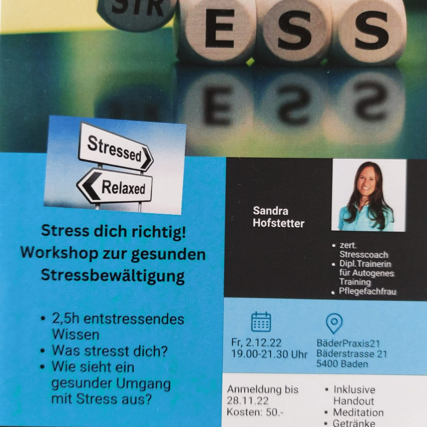 Jetz anmelden zum Workshop:
Stress dich richtig! 2.12.22
https://www.ruheanker.ch/workshop
Ich freue mich auf dich!
Sandra