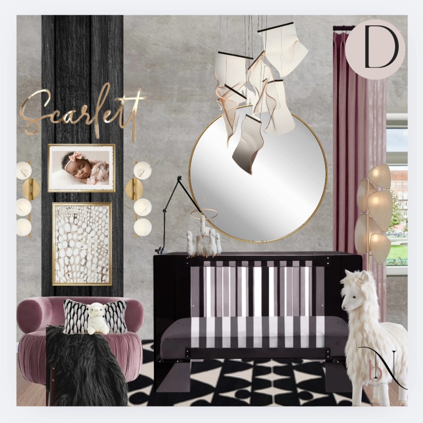 Client: I want an upscale nursery.✔️✔️✔️
Design Approved!
I love this non-traditional, soft but bold take on a nursery.
I'm a visualization specialist.
I use mood boards and high-definition 3D renders to showcase the potential of your project.
There are options to purchase direct product links, add on day-of-install service, as well as full service. I make the process stress-free while allowing you to say goodbye to guesswork and costly mistakes.
Currently booking for mid January.
Www.bellanoiredecor.com