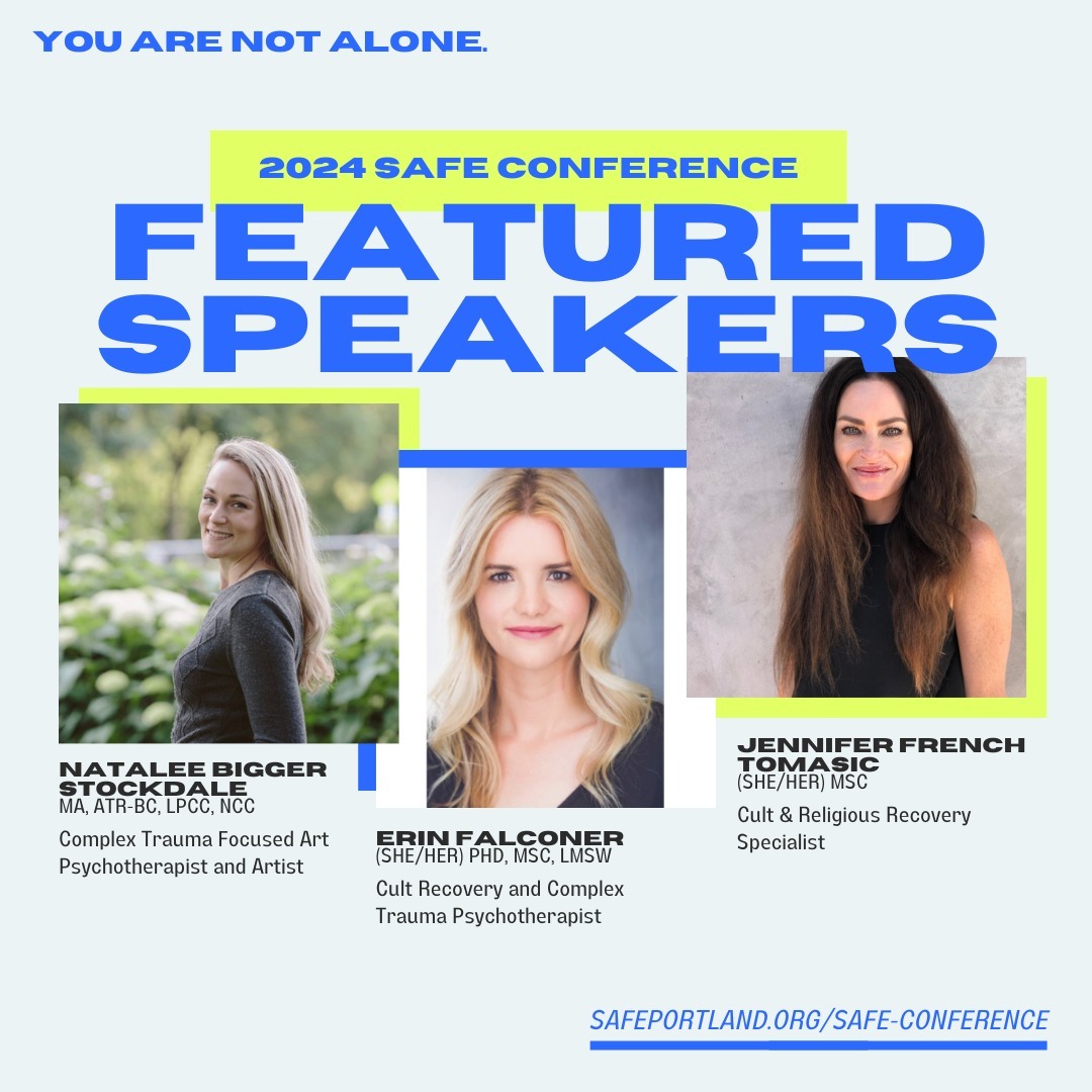 Happy Wednesday! I am excited to highlight some more FEATURED SPEAKERS!
Join us at the "Not Alone: a Conference for Survivors and Helping Professionals" on May 11, 2024, in Portland, Oregon! You'll have the opportunity to meet three amazing women who are making significant contributions to the cult recovery field: Natalee Bigger Stockdale, Erin Falconer, and Jennifer French.
This event will feature a range of expert presenters specializing in topics such as coercive control, cult recovery education, and religious trauma therapy.
This event is sponsored by the Spiritual Abuse Forum for Education (SAFE), a regular meetup in Portland, Oregon. This will be SAFE's second sponsored conference in Portland. Our conference co-sponsors include People Leave Cults, The Empathy Paradigm, Ecumenical Ministries of Oregon, CultNEWS101 and Cult Mediation.
You can register for the conference with the link in bio or at https://www.safeportland.org/safe-conference.
.
.
.
#notalonepdx #pdxevents #pdxconference #portlandevents #portlandoregon #portlandconference #traumarecovery #religioustrauma #religiousabuse #control #manipulators #religion #cultexpert #psychology #cultrecovery #cultsurvivors #cult #cultspecialist #igotout #narcissisticabuseawareness #narcissist #peopleleavecults #coercivecontrol #coercionisnotconsent #howtoleaveacult #borninacult #notaloneconferencepdx #psychologicalsafety