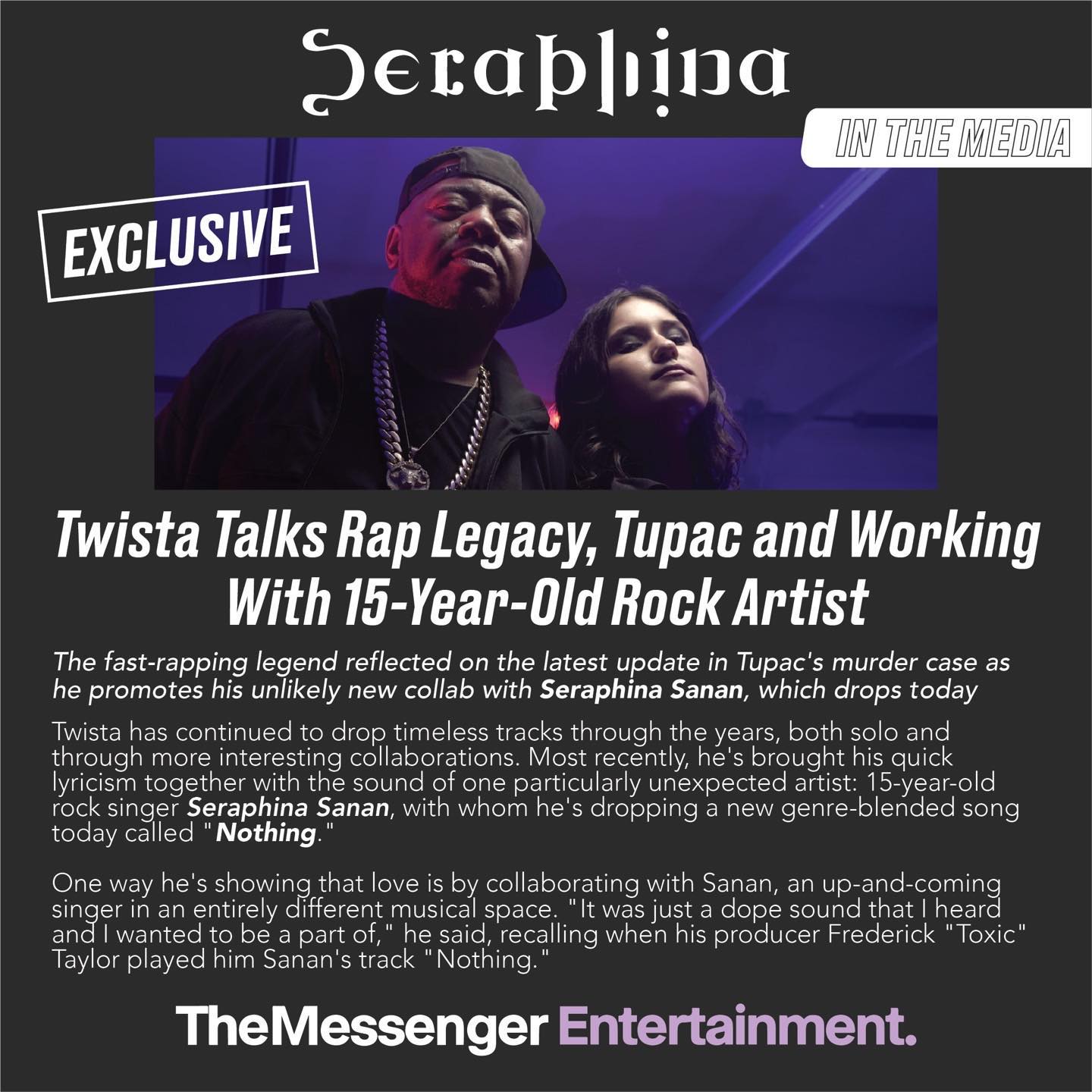 Very proud of this Exclusive @themessenger @twistagmg @seraphina.sanan new music video drop today! #Rap #Metal check out download #Nothing @jade_umbrella @ict_pr https://themessenger.com/entertainment/twista-rapper-interview-seraphina-sanan-tupac