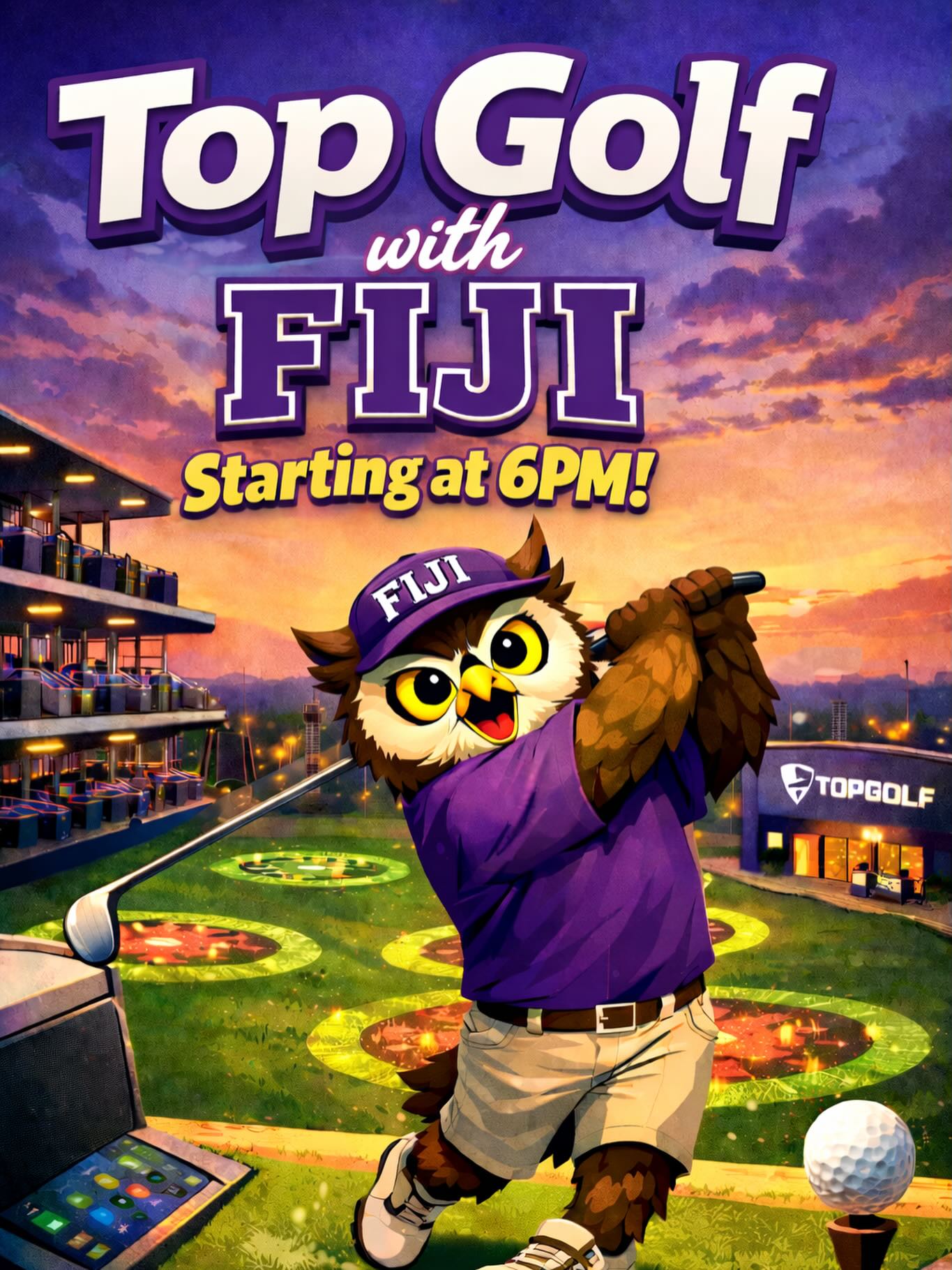 TOP GOLF TODAY!! Plan to arrive at FIJI at 6pm, and we will all head over to top golf at 6:15! If you are interested please contact Logan at 740-755-0470, or our house number at 740-675-6667!! Looking forward to a good time! P!