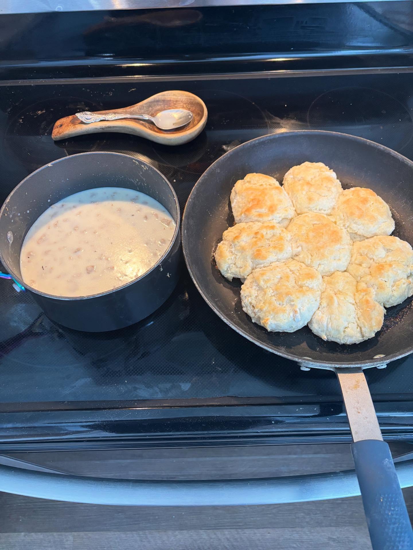 Super cold, no school day? Sounds perfect for biscuits and (chicken) sausage gravy. That breakfast sausage sure does come in handy.