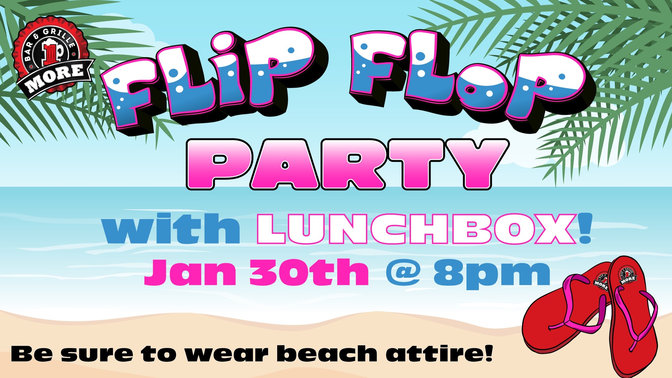 Join us Jan 30th to bring the summer vibes in this snow! ๐๏ธ๐๐ผโโ๏ธ We will have live music provided by LUNCHBOX, specialty drinks, and party favors! Starts at 8pm! Hope to see ya'll there!!