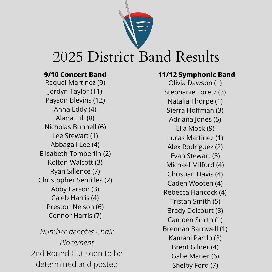 Congrats to our VHS Band Students who auditioned for and were selected to the 2025 GMEA District XI Honor Band!
#vhsbands #yayband