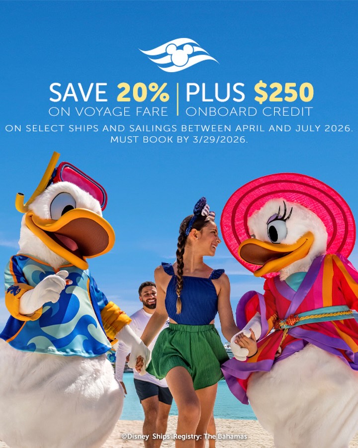 Sun, sea, and serious savings 🏖️✨
Sail into spring or summer magic with 20% OFF your voyage fare + $250 onboard credit on select sailings! From sandy toes to character hugs and ocean views, this is your sign to book that dream cruise with Disney Cruise Line 🚢💙
📅 Select sailings April–July 2026
⏰ Book by 3/29/26
💌 Message me today and let’s make it official—these spots won’t last!
#DisneyCruise #DisneyCruiseLine #DisneyTravelAgent #CruiseSavings #FamilyCruise